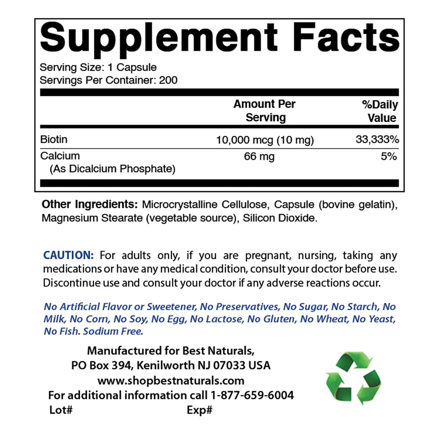 Best Naturals Biotin 10,000 mcg & Folic Acid 1,000 mcg Capsules, 240 Count