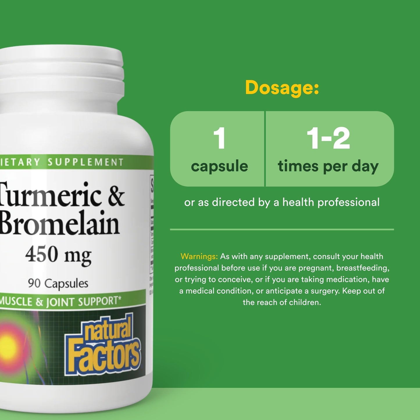 Natural Factors Turmeric & Bromelain 450 mg, Muscle and Joint Support, 90 Capsules