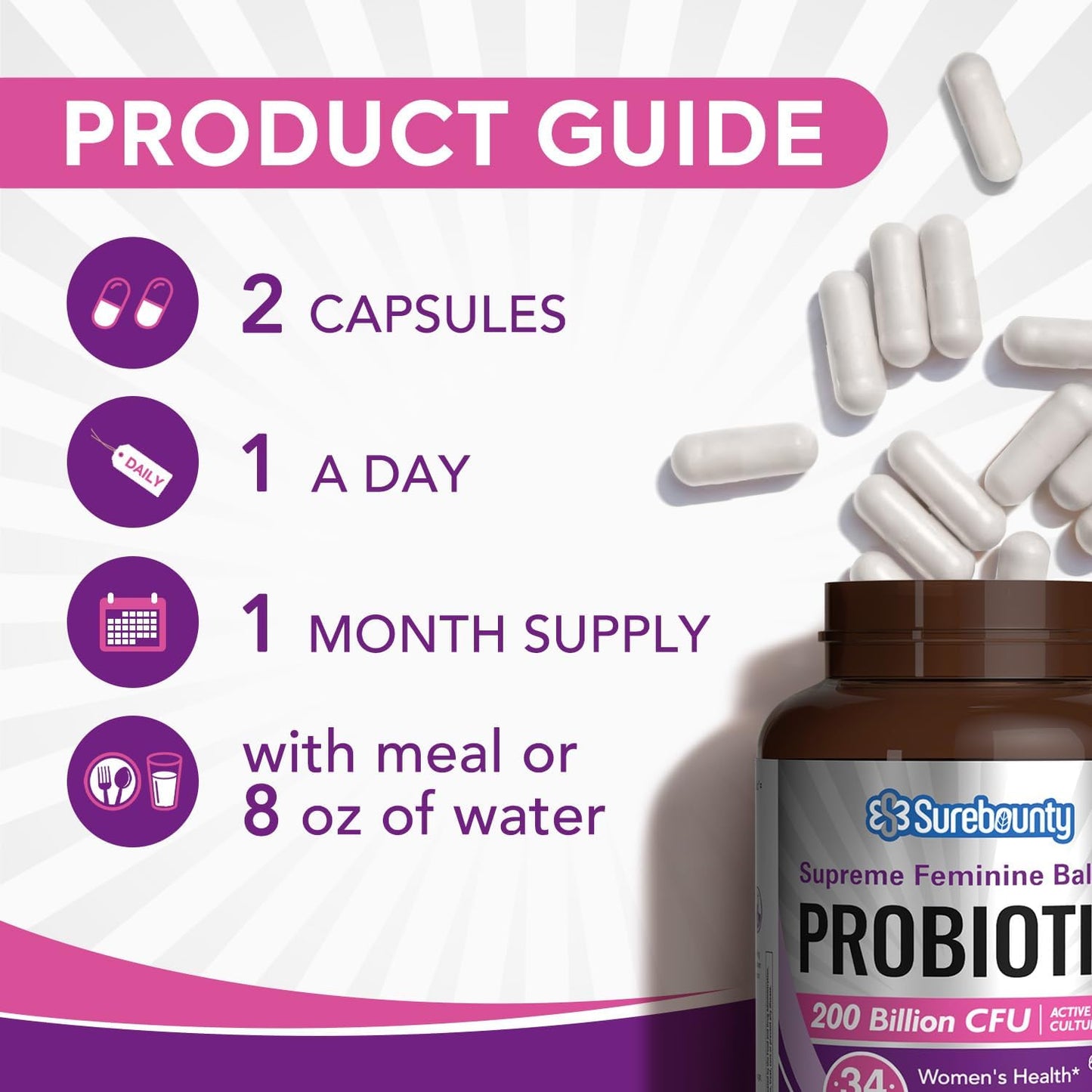 Surebounty Women's Probiotic 200 Billion CFU with Prebiotics, Digestive Enzymes & Cranberry, 60 Capsules
