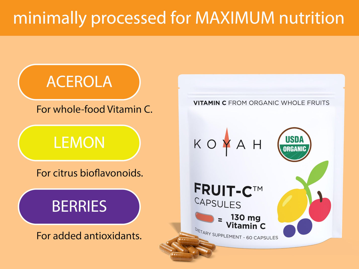 KOYAH Fruit-C Organic Vitamin C Capsules, 60 Capsules