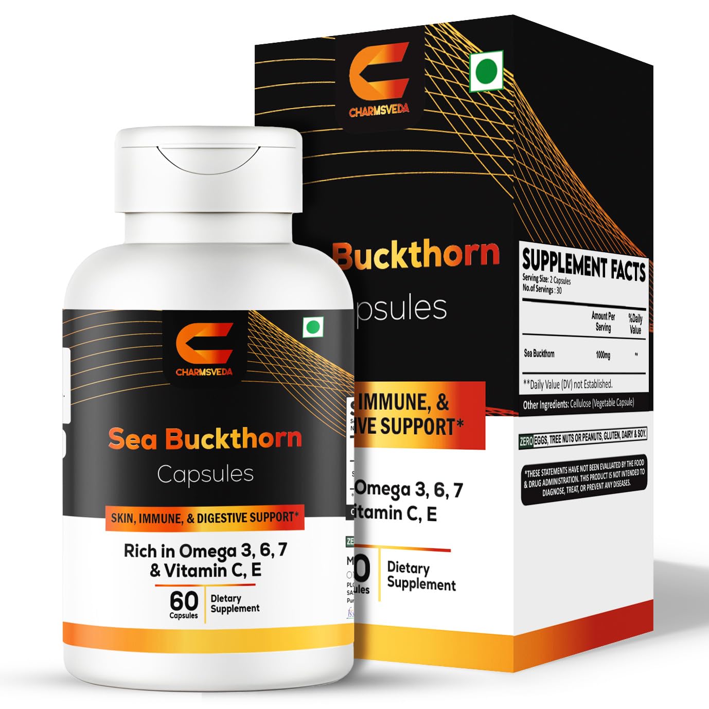 CHARMSVEDA Sea Buckthorn Capsules 1000 mg with Omega 3, 6, 7, Vitamins C & E for Skin Health, Immune Support & Overall Wellness, 60 Capsules