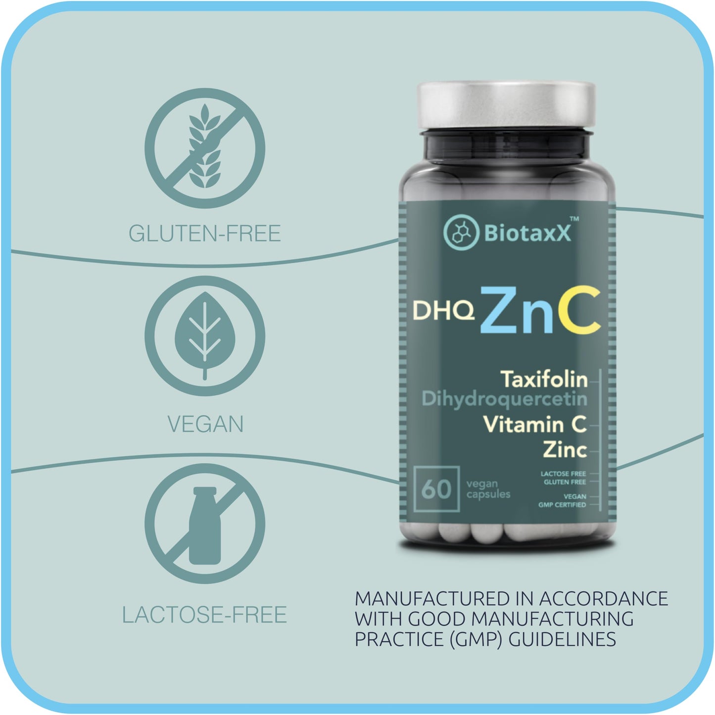 BiotaxX Taxifolin (Dihydroquercetin) + Vitamin C + Zinc 500 mg, 60 Vegan Capsules