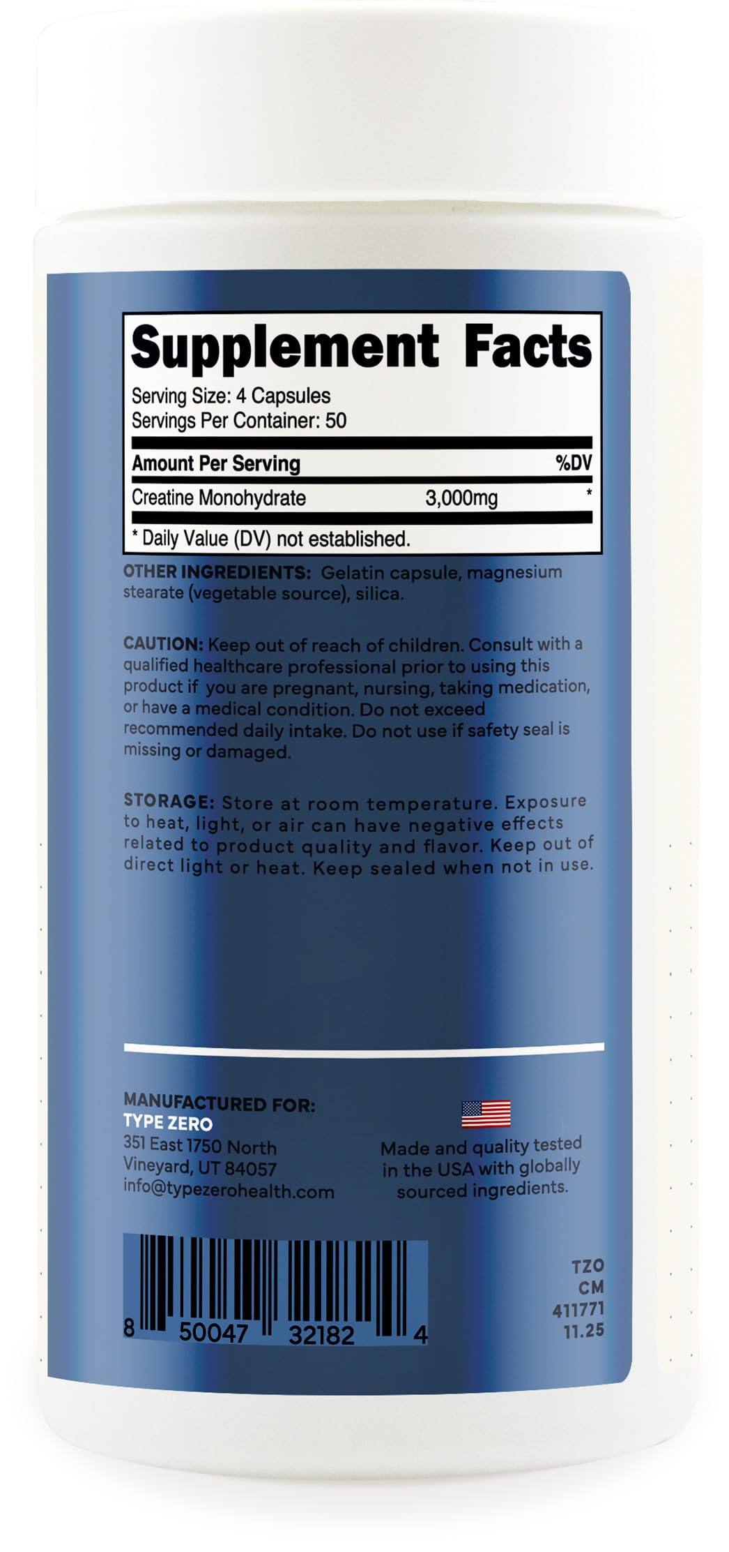 Type Zero Clean Creatine Monohydrate Capsules 200 Count