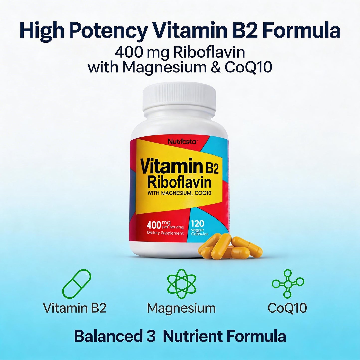 Nutribota Vitamin B2 Riboflavin 400mg with Magnesium & CoQ10, High Potency Vitamin B2 Supplement for Energy Metabolism & Daily Wellness, 120 Capsules