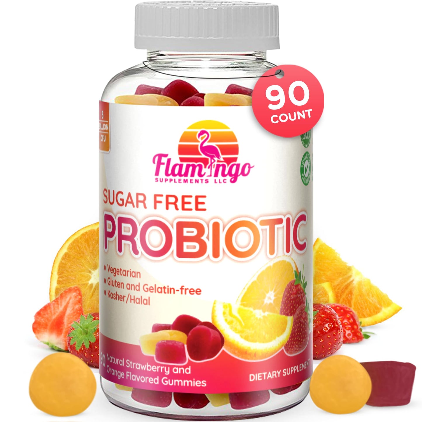 Flamingo Supplements Sugar-Free Probiotic Gummies (3 Billion CFU) – Kosher, Halal & Vegan – Digestive Support for Women, Men & Kids, 90 Count