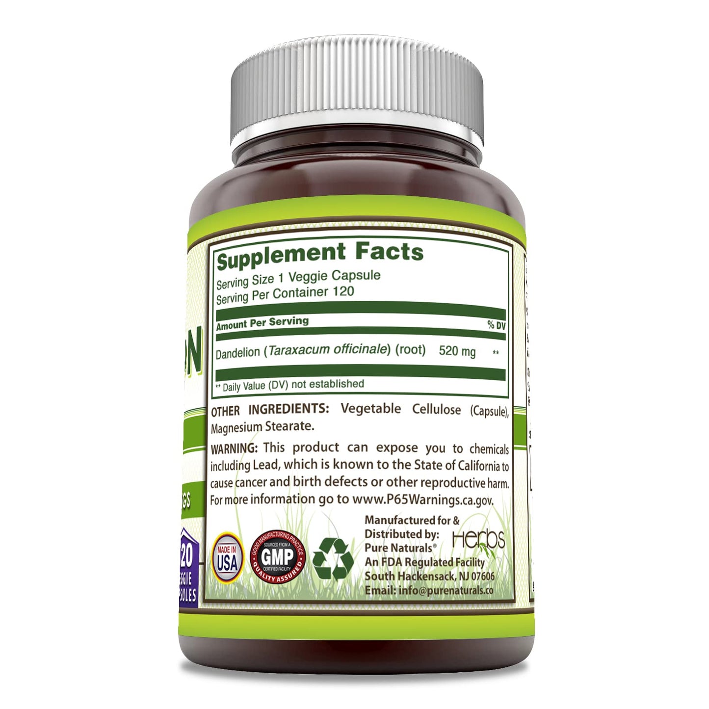 Pure Naturals Dandelion Root 520 mg Per Serving 120 Veggie Capsules