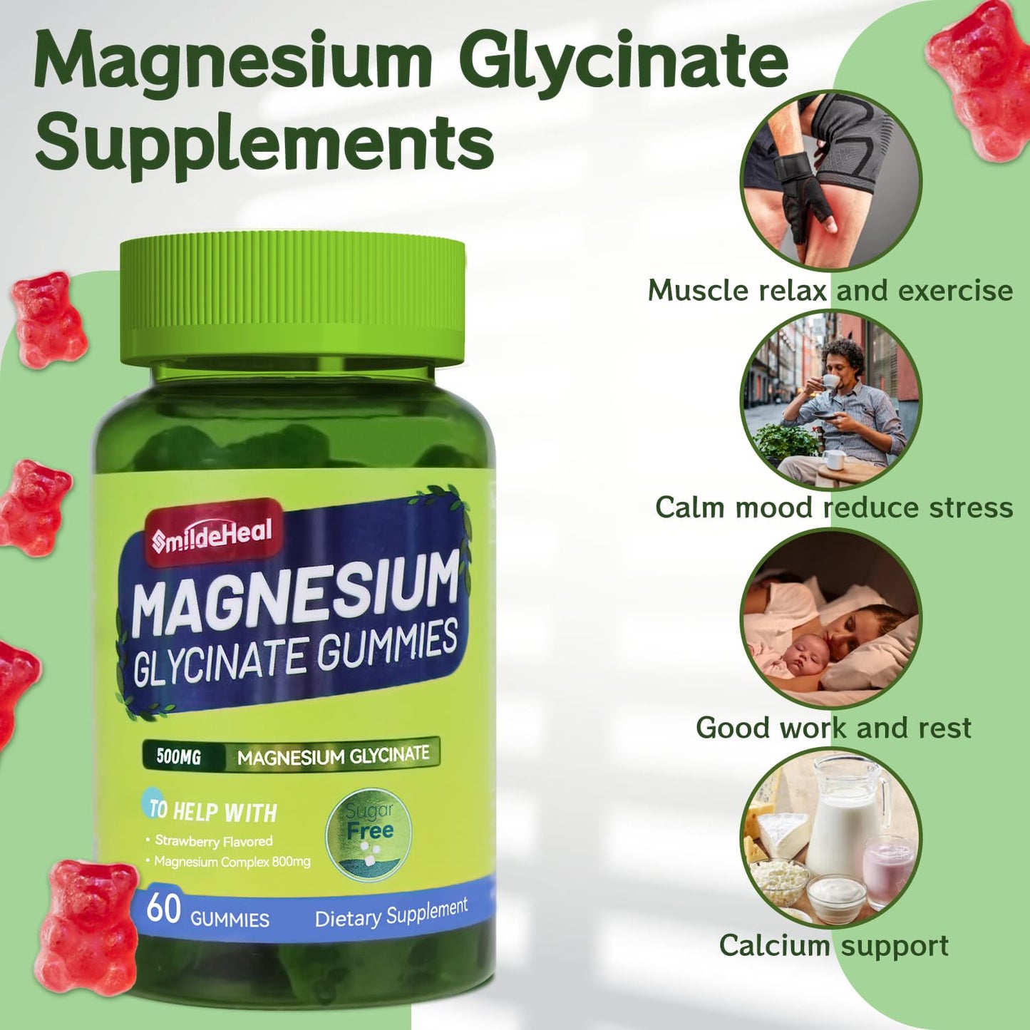 SmildeHeal Magnesium Glycinate Gummies 500mg with L-Threonate 300mg - Sugar-Free Magnesium Potassium Supplement with Vitamin D, B6, CoQ10 - Strawberry Flavored, 60 Gummies