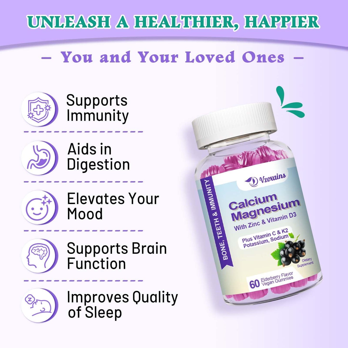 VZOXAINS Calcium Magnesium Gummies with Potassium & Vitamin D3, Sugar Free, Vegan, Elderberry Flavor, 120 Gummies