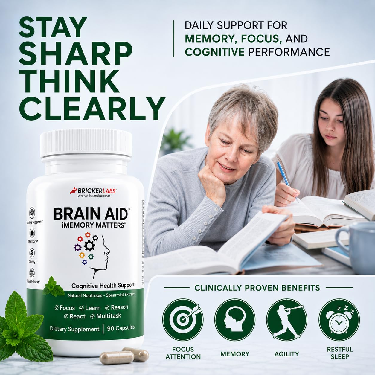 Bricker Labs Brain Aid Memory Matters Nootropic Brain Supplement with Neumentix Spearmint Extract Capsules, 90 Count