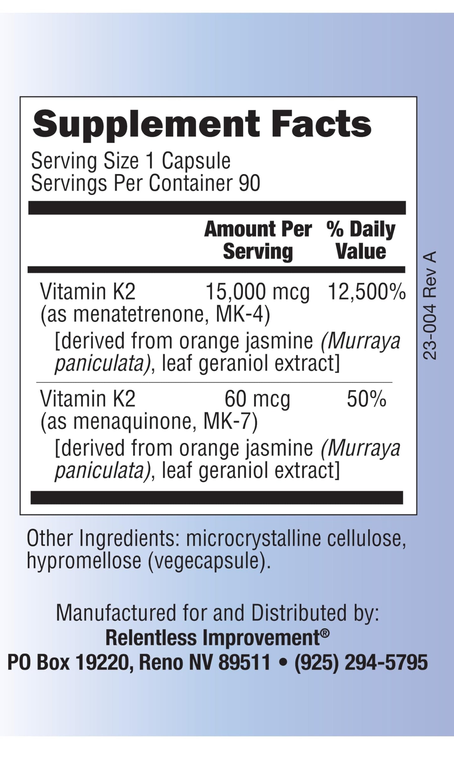 Relentless Improvement Natural Vitamin K2 MK4 Plus Vitamin K2 MK7 High-Potency Capsule 90 Count