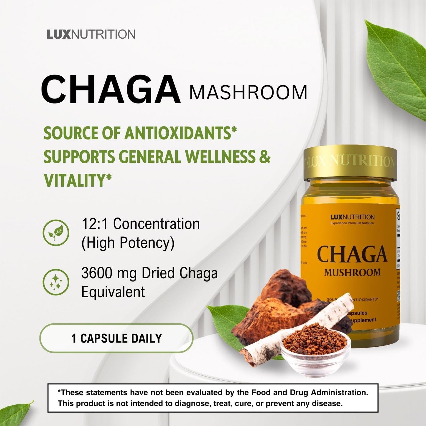 LUXNUTRITION Chaga Mushroom Extract Capsules, 60 Count