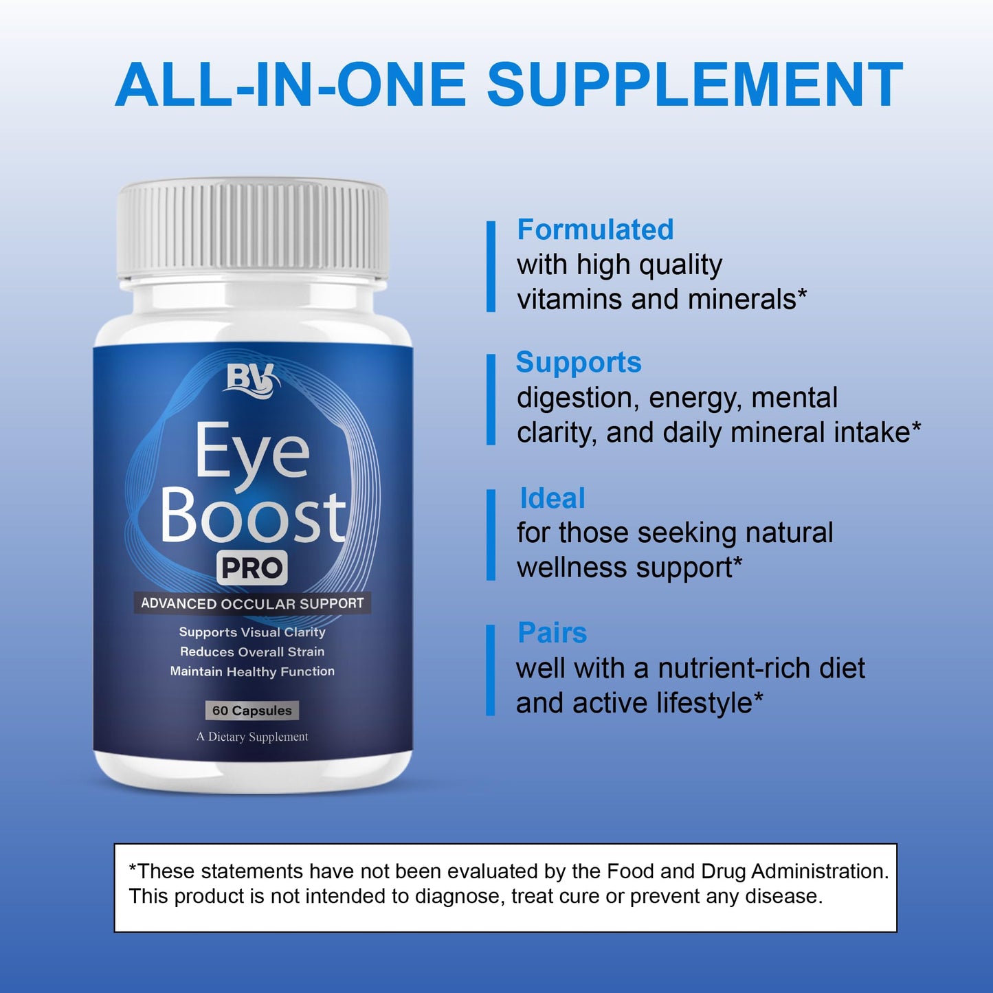 BLUE VIBE Eye Boost Pro Maximum Strength Overall Health & Wellness Support Supplement Capsules, 180 Count