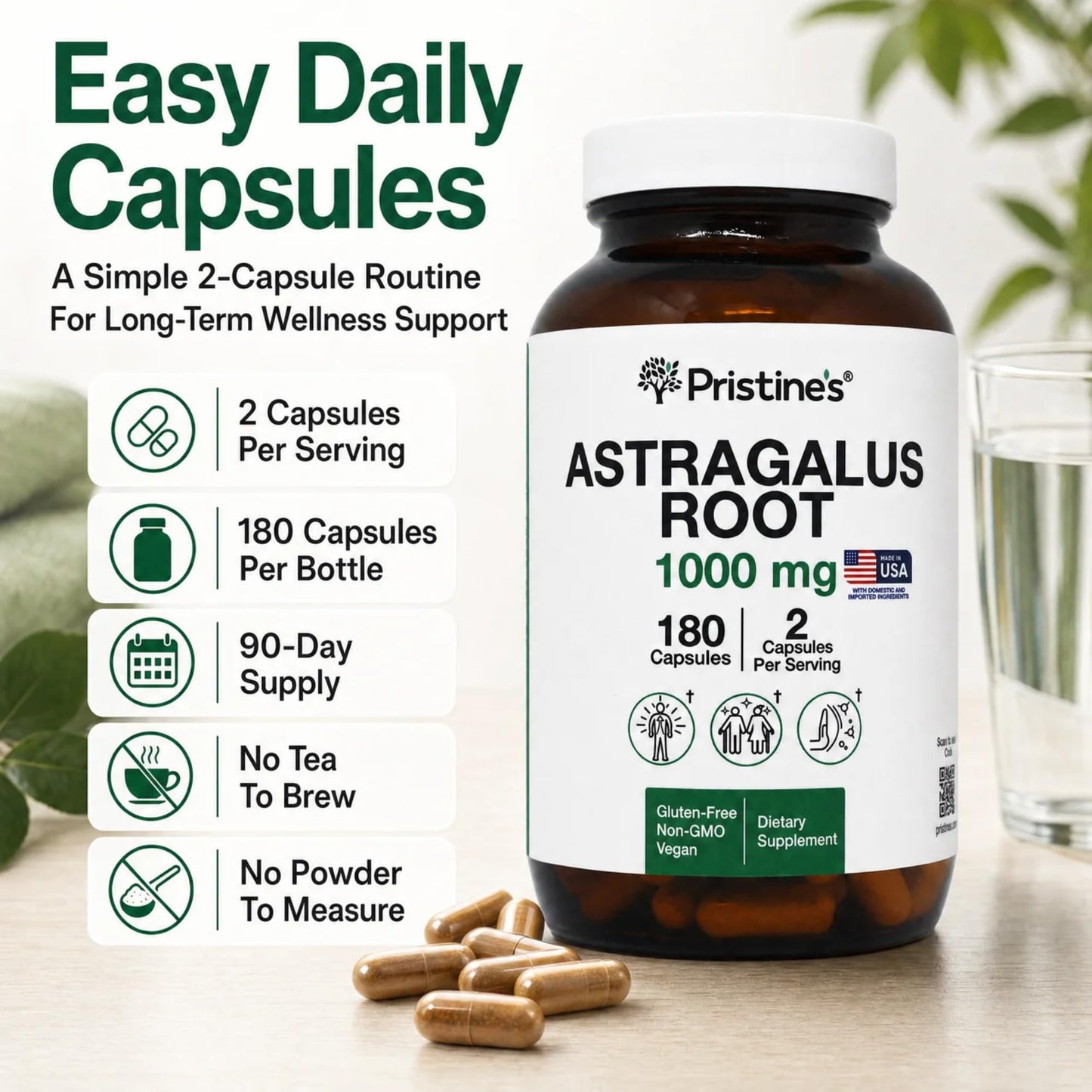 PRISTINE'S Astragalus Root Supplement Capsule 180 Count