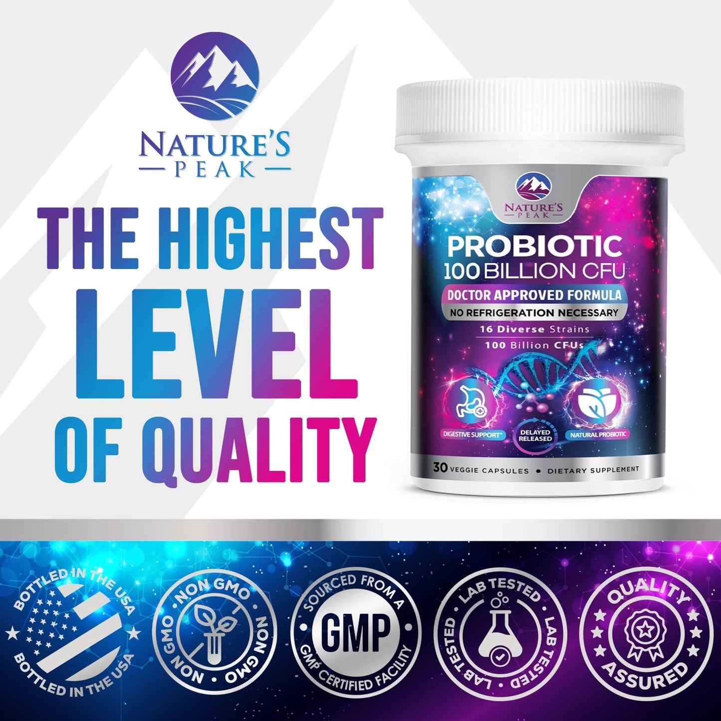 Nature's Peak Premium Probiotics 100 Billion CFU Per Capsule, 16 Strains + Prebiotics, Women's & Men's Gut Health, Immune Support, Digestive Health & Occasional Constipation & Gas, 30 Capsules