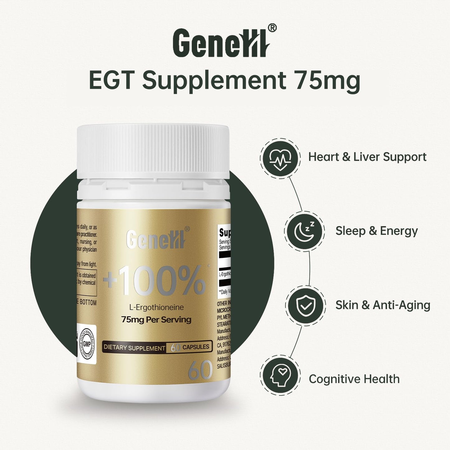 GENEIII L-Ergothioneine Supplement 75mg Capsule, 60 Count