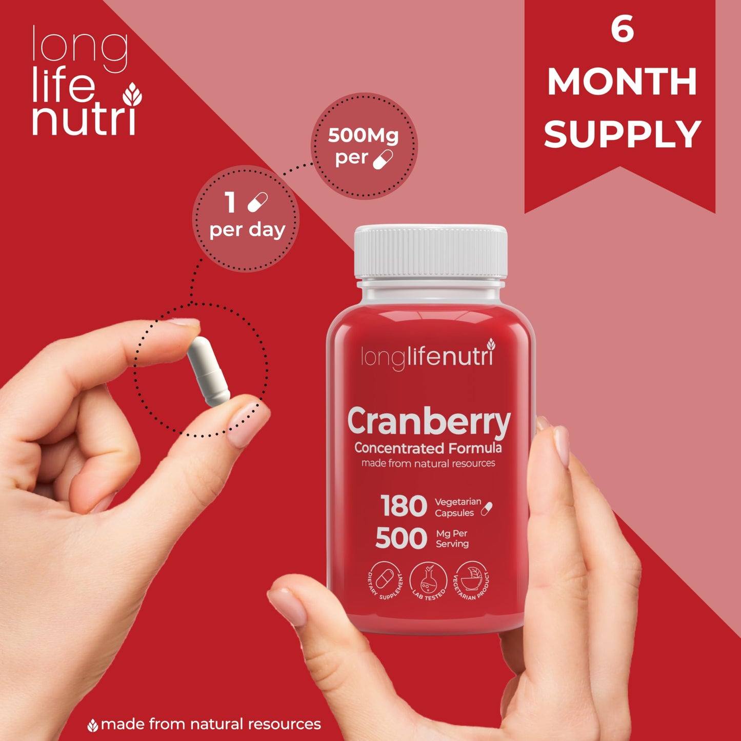 LongLifeNutri Cranberry Extract with Vitamin C & E Pure Concentrated Formula, 500mg per Serving, 180 Capsules