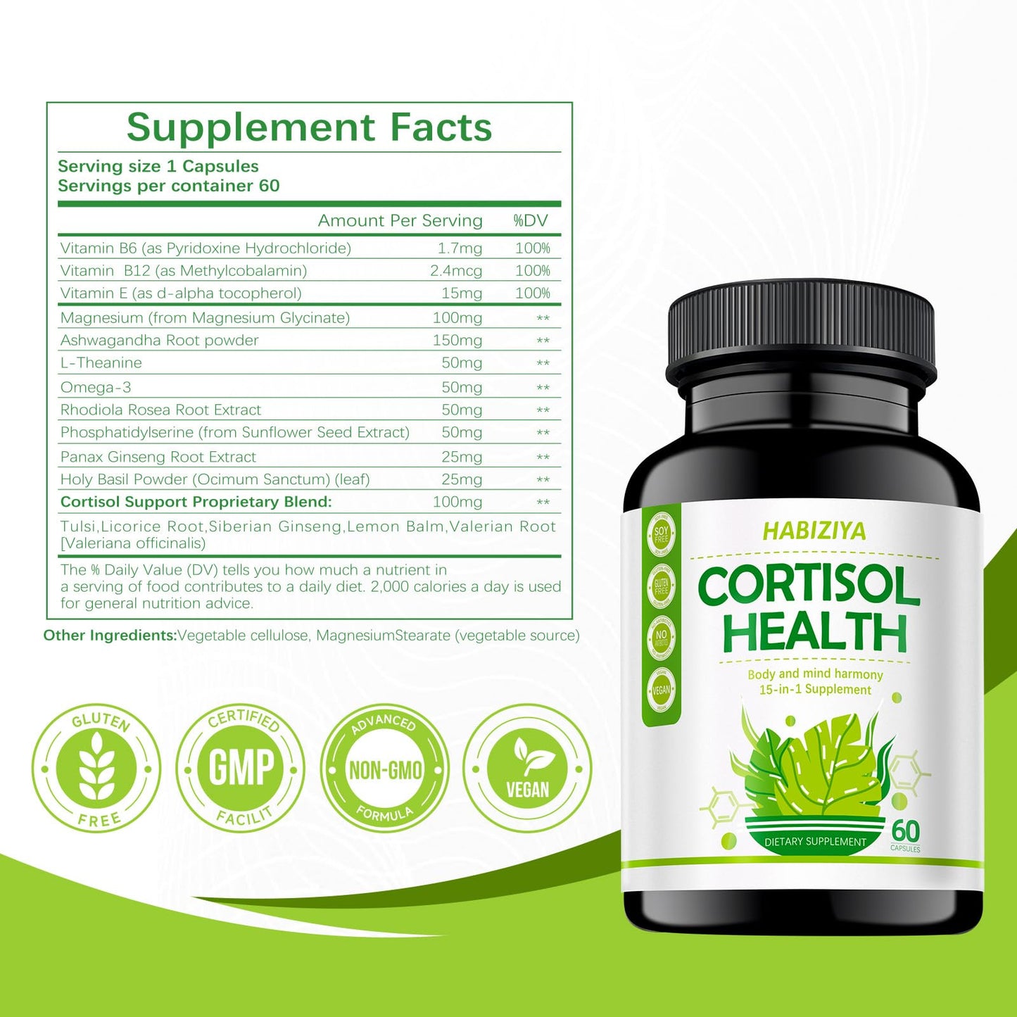 HABIZIYA Cortisol Support Supplement with Magnesium Glycinate, L-Theanine, Ashwagandha, Phosphatidylserine, Rhodiola Rosea, 15-in-1 Hormone Balance for Women and Men, Mood, Focus, Sleep Support, 60 Capsules