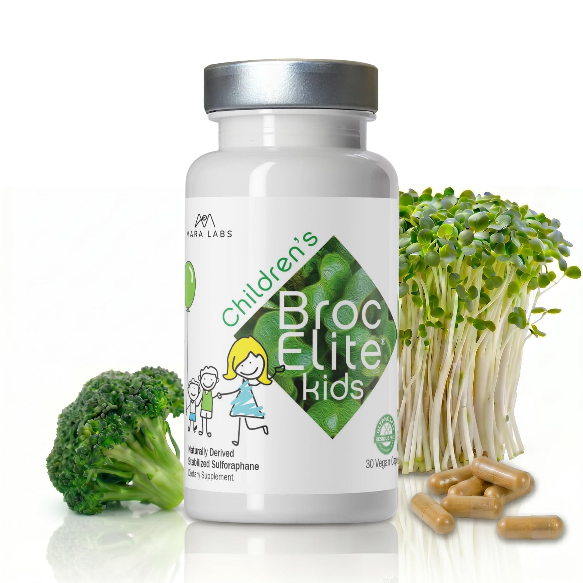 BrocElite Mara Labs Kids Broccoli Supplement with Sulforaphane Extract, No Glyphosate Residue, 30 Capsules
