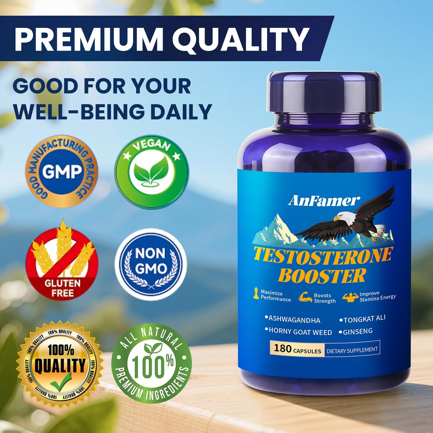 AnFamer Testosterone Booster for Men with Ashwagandha, L-Arginine, Tongkat Ali, Tribulus, Natural Testosterone Supplement for Men Workout, Strength Booster, Performance and Building Muscle, 180 Capsules