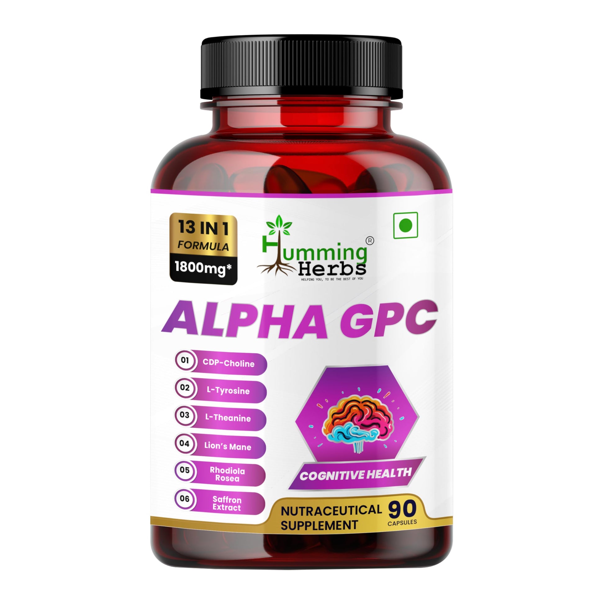 Humming Herbs Alpha GPC 300mg + CDP Choline Nootropic Brain Supplement - Memory Focus Mental Clarity - Lion's Mane, Bacopa, L-Theanine, Phosphatidylserine - 13-in-1 Formula, 90 Capsules