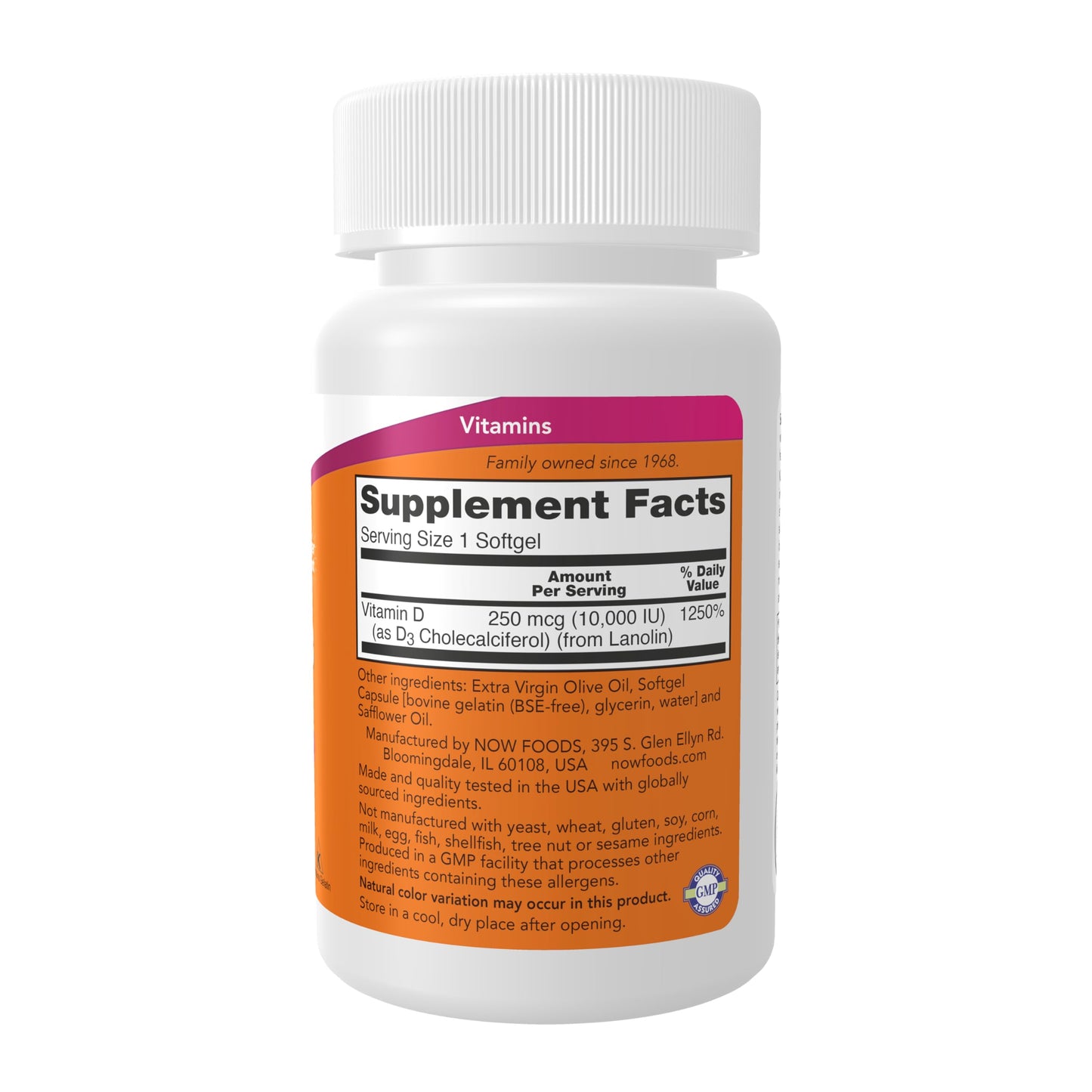 NOW Foods Vitamin D-3 10,000 IU Softgels, 240 Softgels