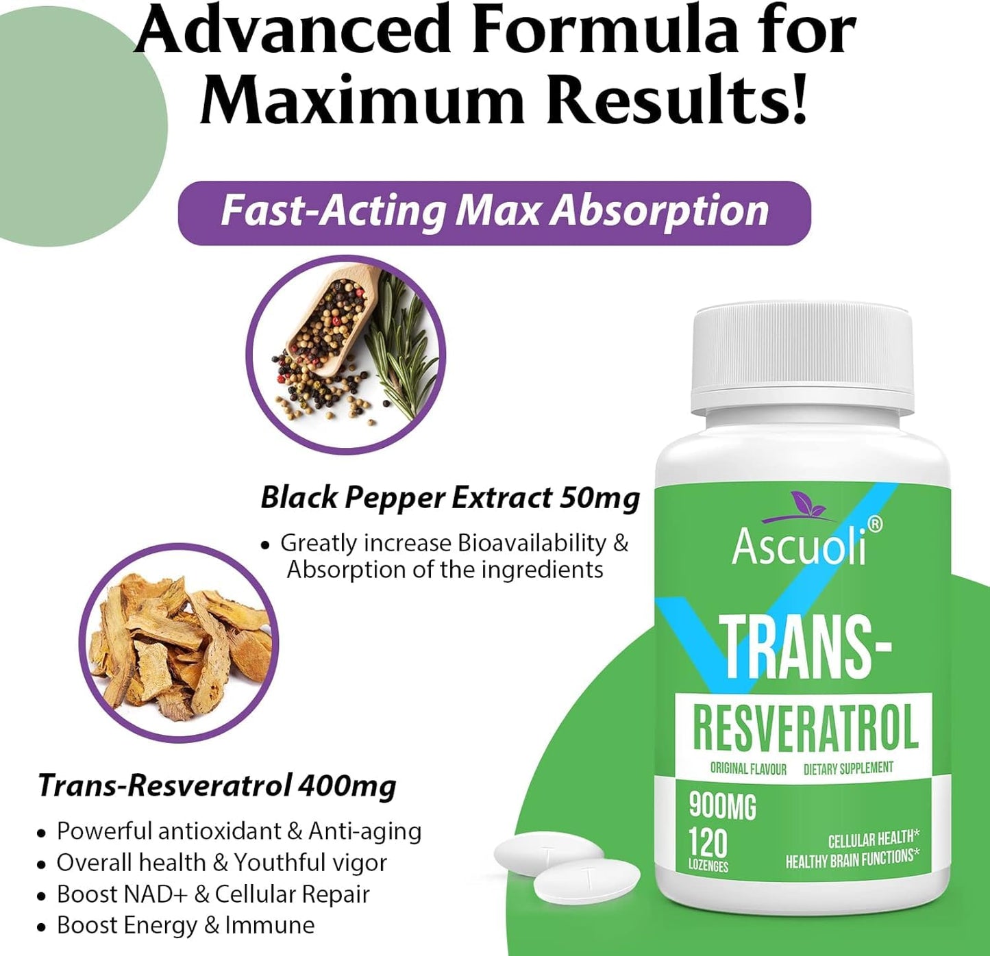 Ascuoli Trans-Resveratrol Purity 99%, 3-in-1 Advanced Formula Resveratrol Supplement for NAD+, Immune & Energy Support, Anti-Aging, Skin Health & Antioxidant, 240 Tablets