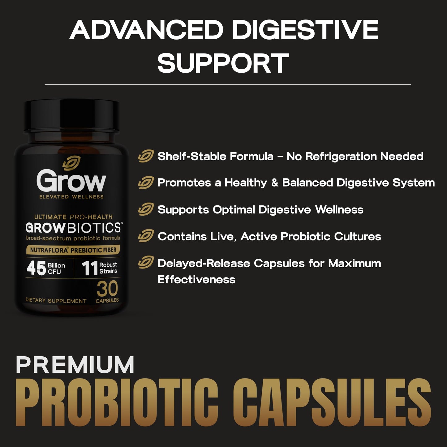 Grow Vitamin GrowBiotics Probiotics for Women & Men: Comprehensive Formula, 45 Billion CFU, 11 Strains, Dairy Free - w/Prebiotics and Probiotics - Promotes Immune & Gut Health, 30 Veggie Caps