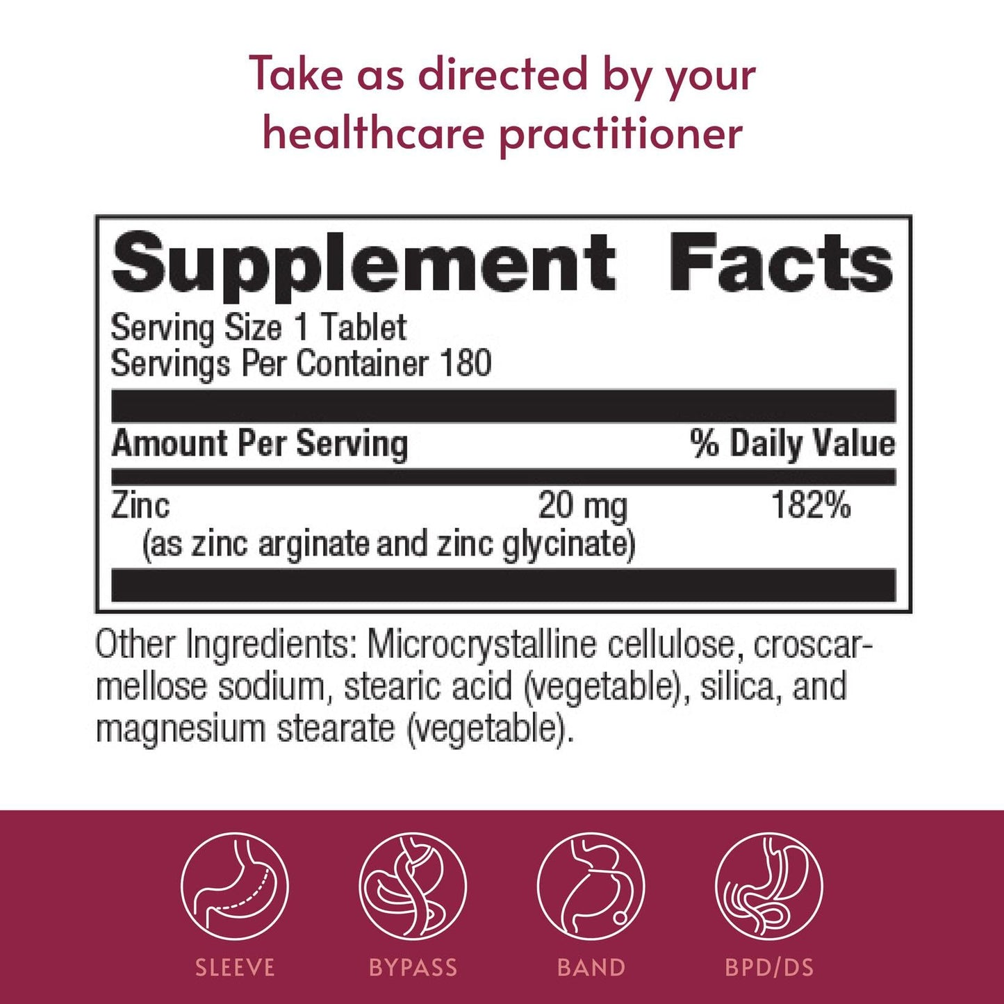 Bariatric Advantage Non Chewable Zinc Chelate Tablets 180 Count