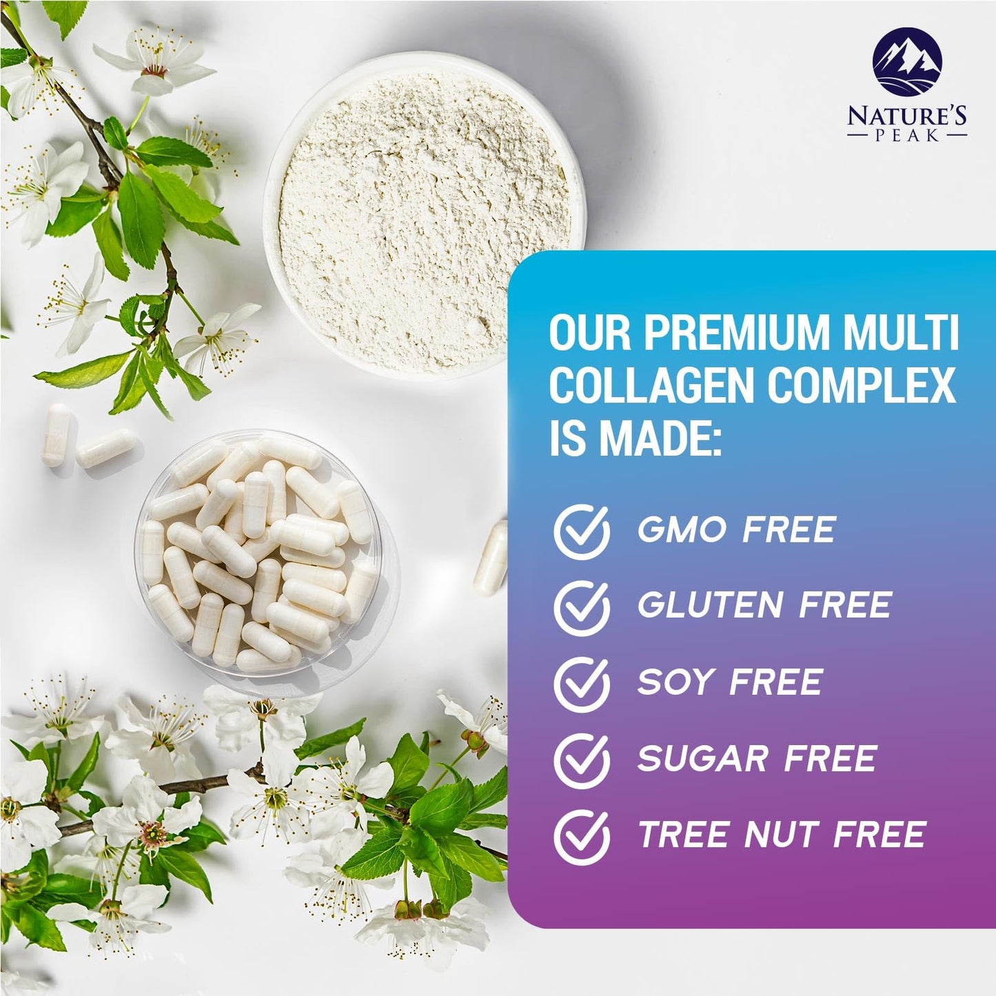 Nature's Peak Multi Collagen Peptides Supplement for Hair, Nail, Skin - Type I, II, III, V, X, Collagen Powder Pills - Grass-Fed, Hydrolyzed for Bone and Joint Support for Women & Men, Non-GMO, 120 Capsules