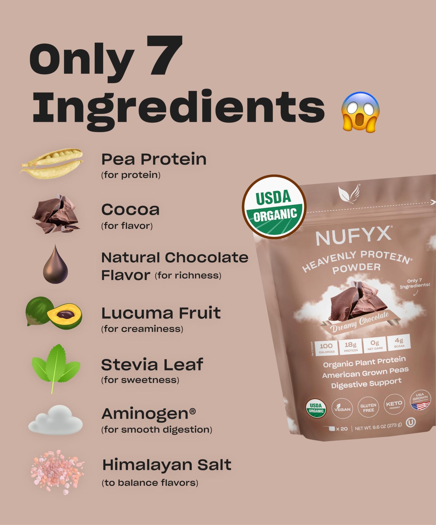 NUFYX Heavenly Protein Powder 9.6 Ounce (Dreamy Chocolate, 20 Scoops)