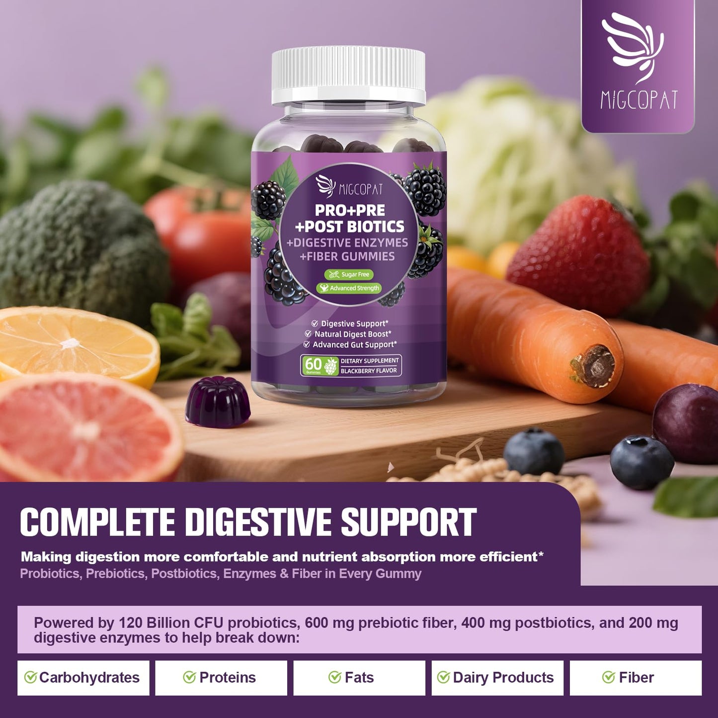 Migcopat Pre Post Probiotics Gummies, Probiotic Prebiotic Postbiotic Digestive Enzymes with Fiber, 120 Billion CFU Probiotics Complete Gut Support, Sugar Free, Vegan, BlackBerry Flavor, 60 Count