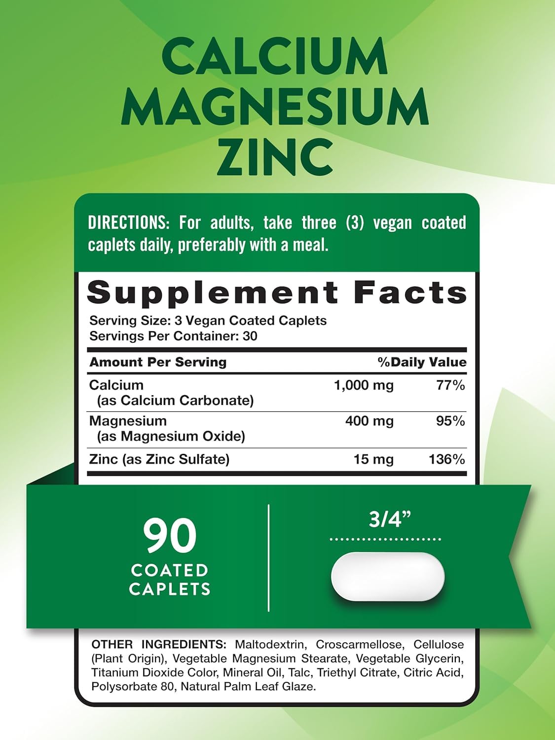 Nature's Truth Calcium Magnesium Zinc Plus Vitamin D3 Capsules, 180