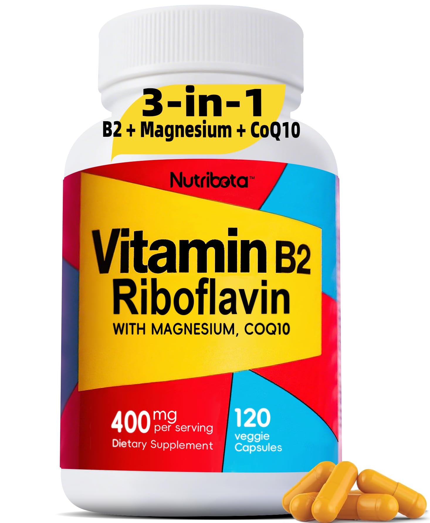 Nutribota Vitamin B2 Riboflavin 400mg with Magnesium & CoQ10 Veggie Capsules, 120 Count