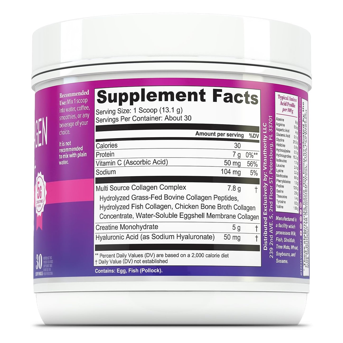 Vitauthority Multi Collagen Protein + Creatine Powder, 13.8 Ounce