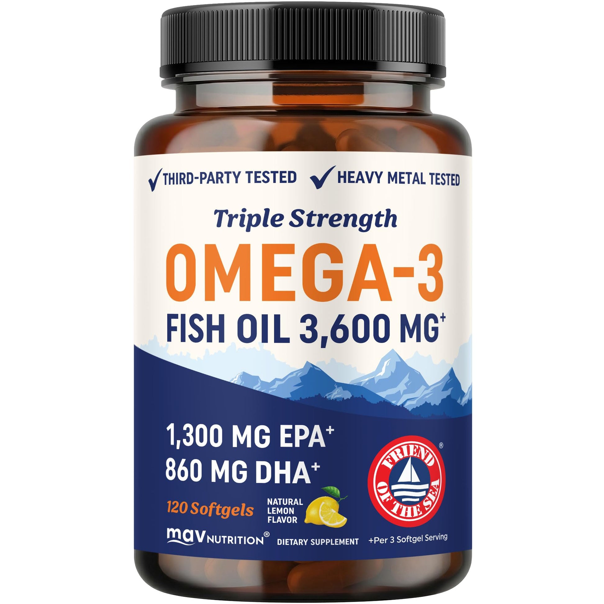 MAV NUTRITION Triple Strength Omega 3 Fish Oil 3600 mg, EPA & DHA, Omega-3 with Lemon Oil Softgel 120