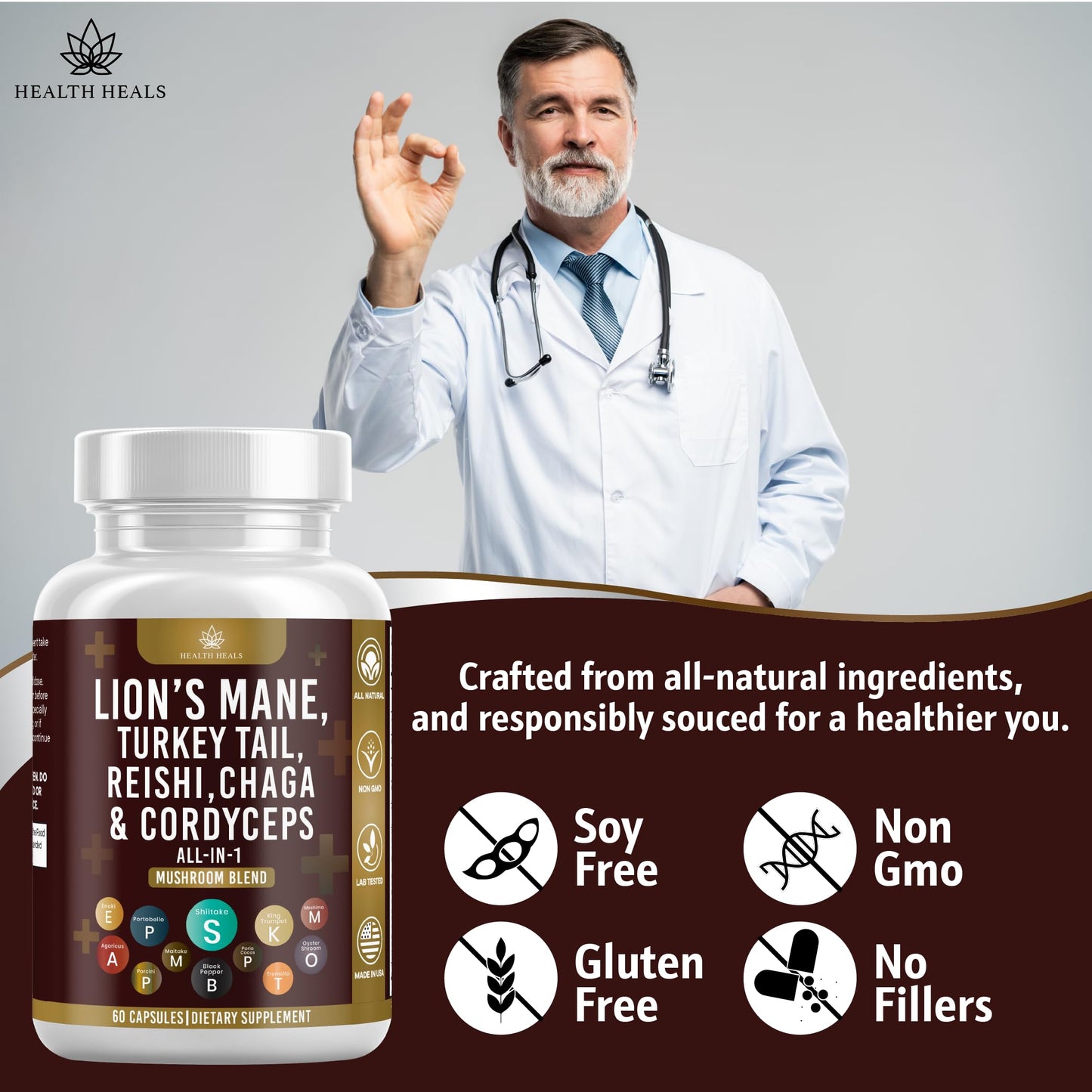 Health Heals Mushroom Supplement with Lion's Mane, Turkey Tail, Reishi, Cordyceps, Chaga, Marshmallow Root Capsules, 120 Count