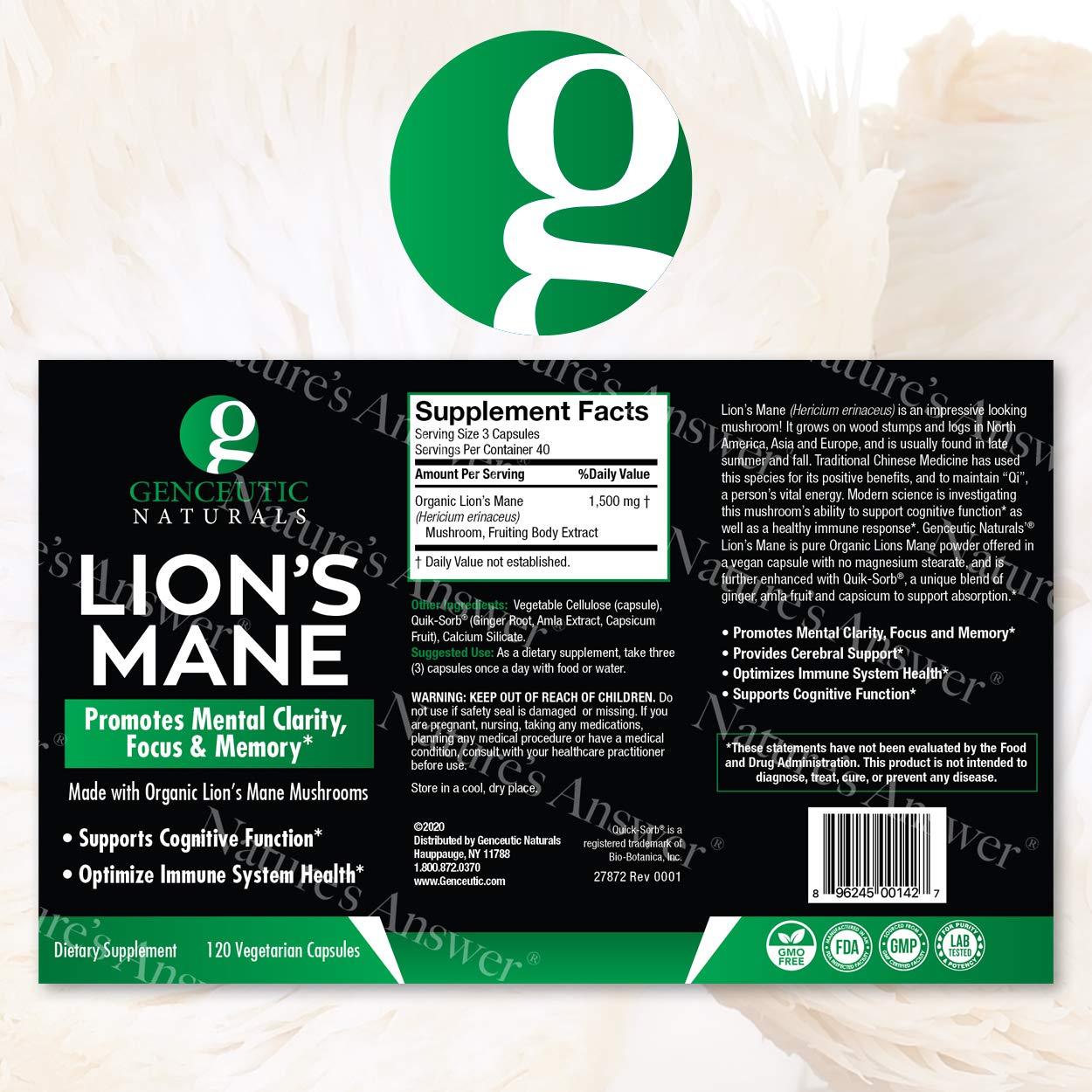 Genceutic Naturals Lion's Mane Organic Capsules 120 Count