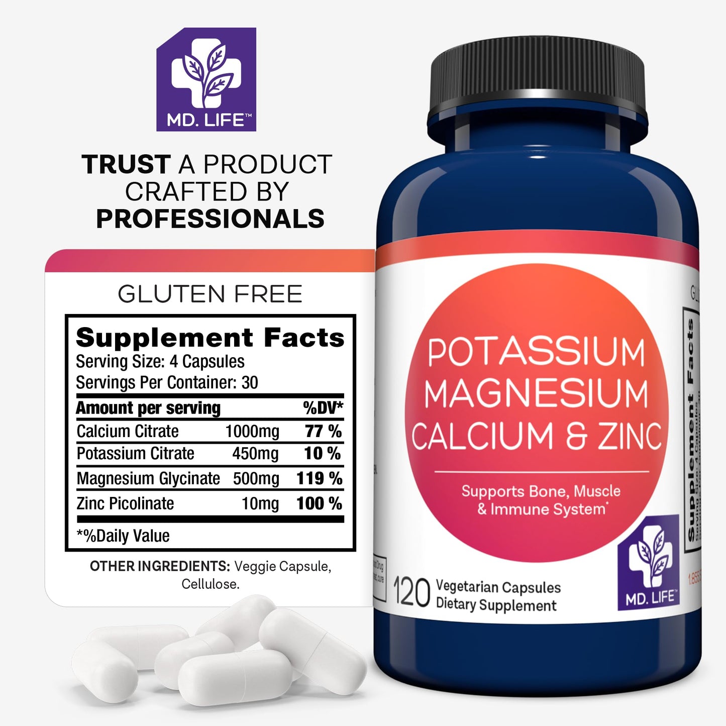 MD.LIFE Potassium Magnesium Zinc Calcium Supplement Capsule 1 Count