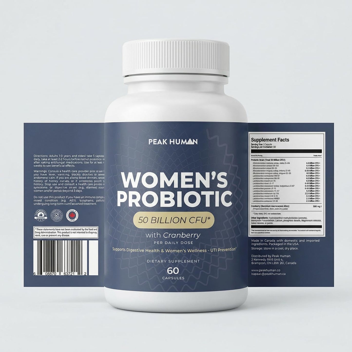 Peak Human Women's Probiotics with Cranberry – Digestive & Urinary Support – 60 Vegan Capsules