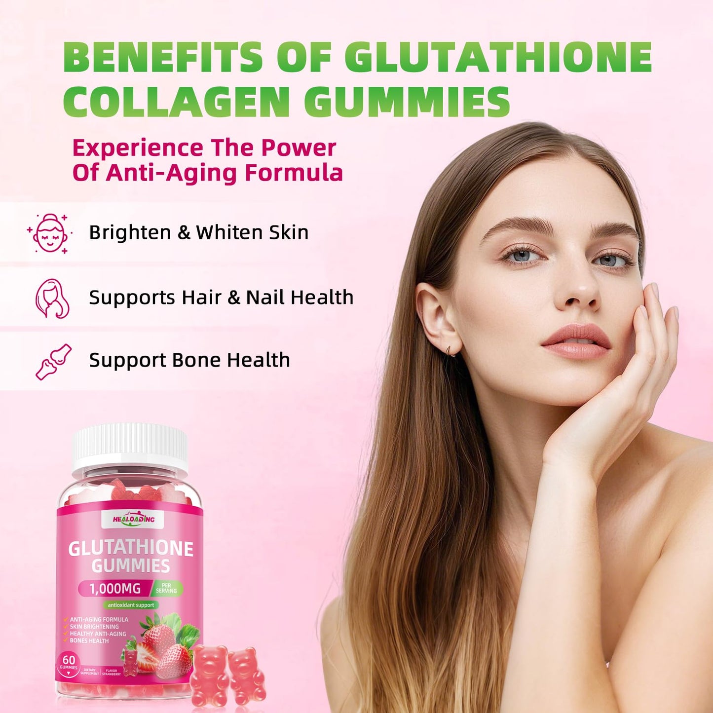 HEALOADING Glutathione Gummies 1000mg with Collagen & L-Glutamine, Vitamins C, E, D & B12, 60 Count