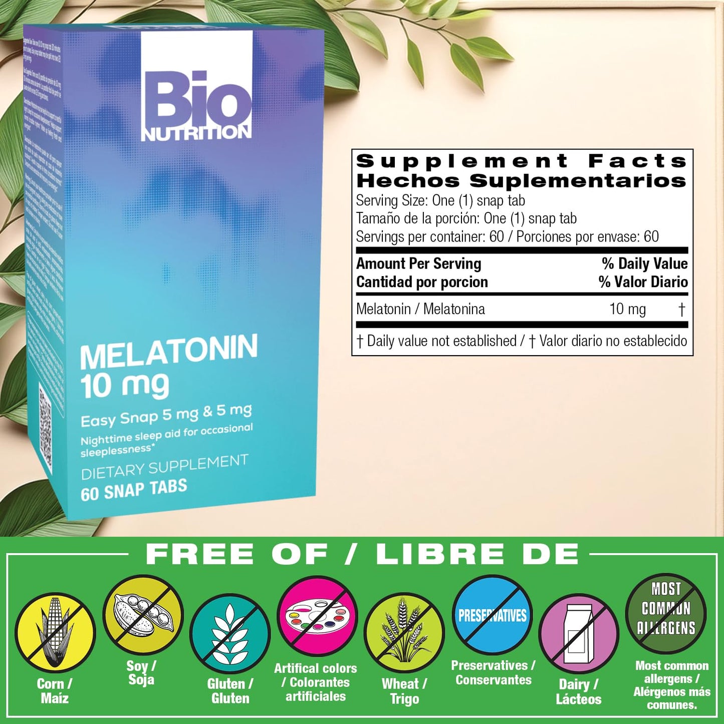 Bio Nutrition Melatonin 10 mg Tablets, 60 Count