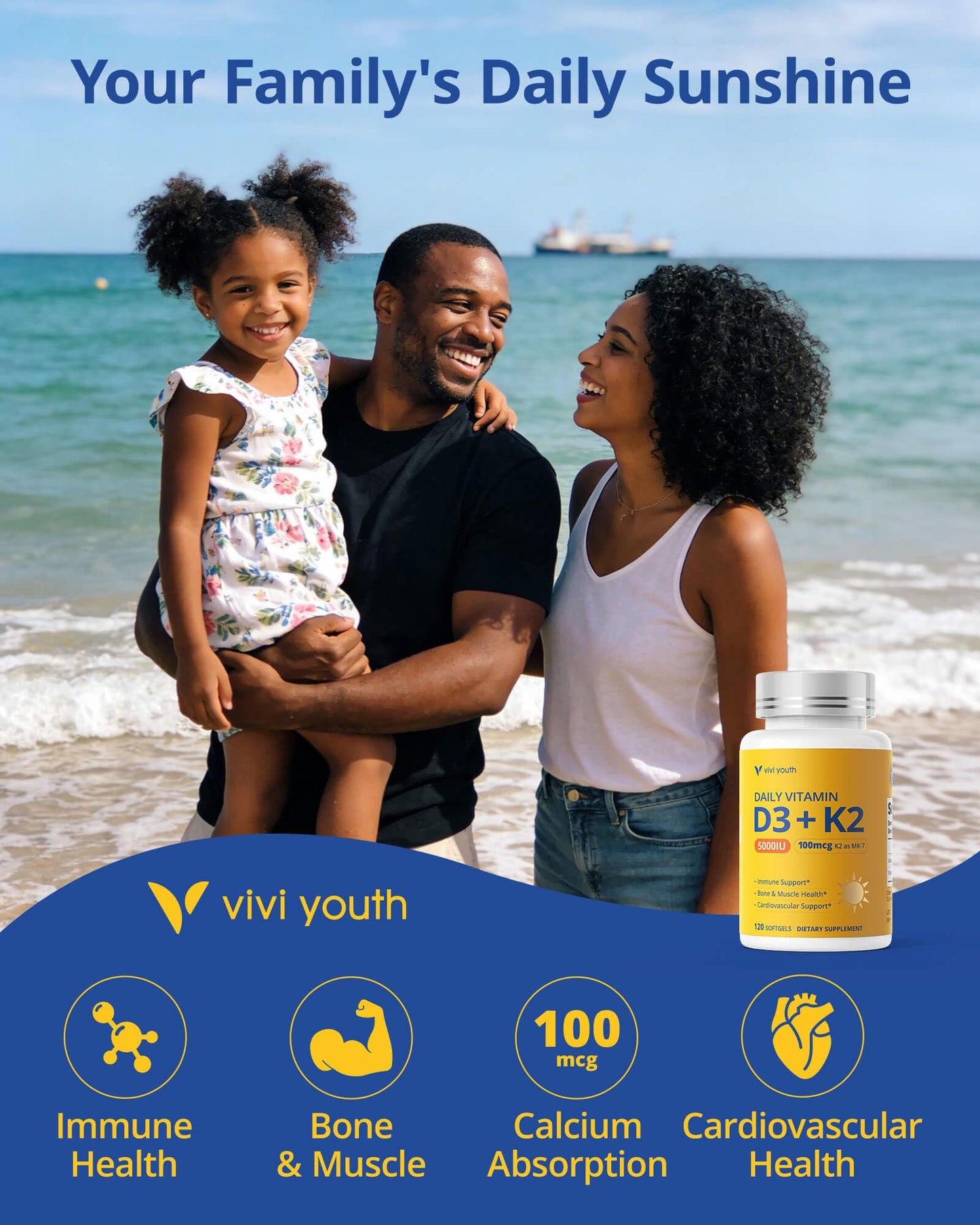 VIVI Youth Vitamin D3 K2 Supplement 5000 IU & MK-7 100mcg with Sunflower Seed Oil Softgels 120 Count