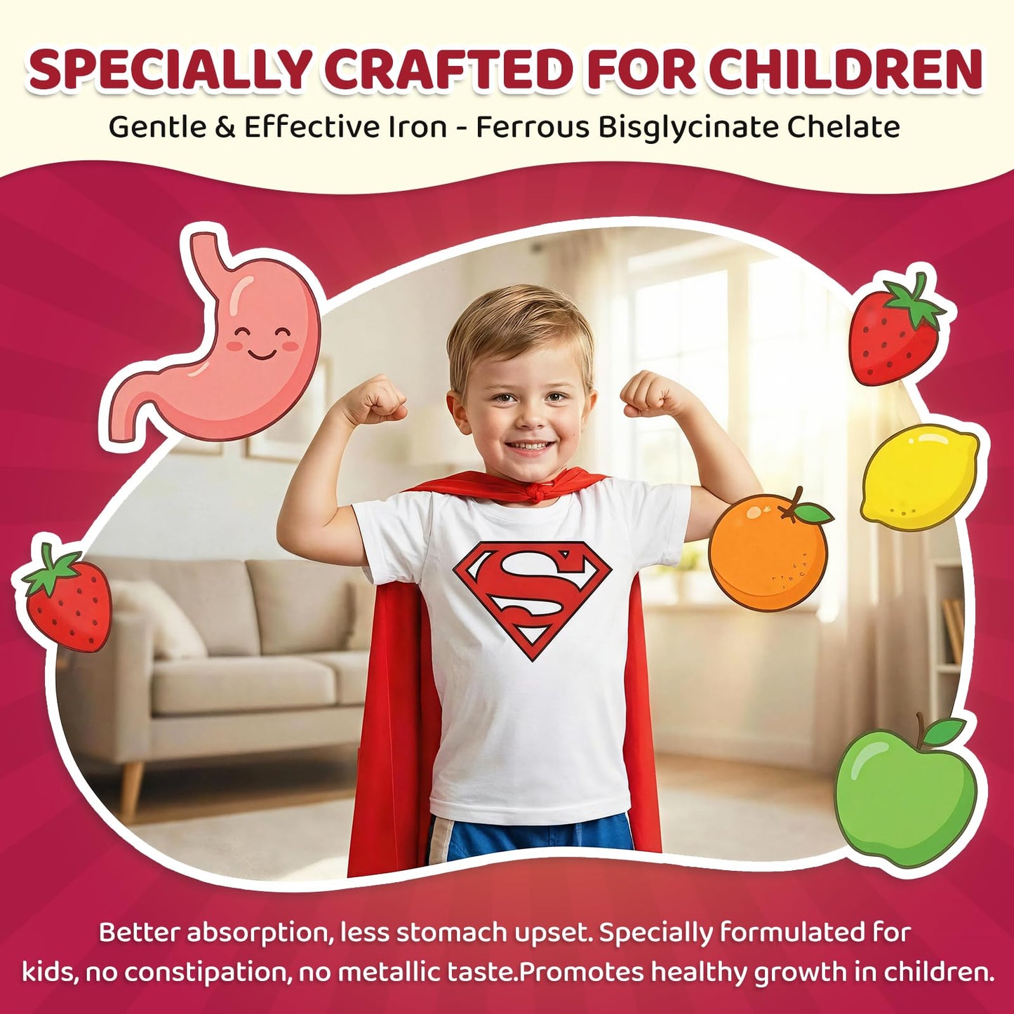 SEPT YAN Iron Supplement Gummies for Kids with Multivitamin and Iron, Vitamin B Complex, C, D3, Calcium, Folate, Zinc, FOS, Vegan, Mixed Fruit Flavor, 60 Count