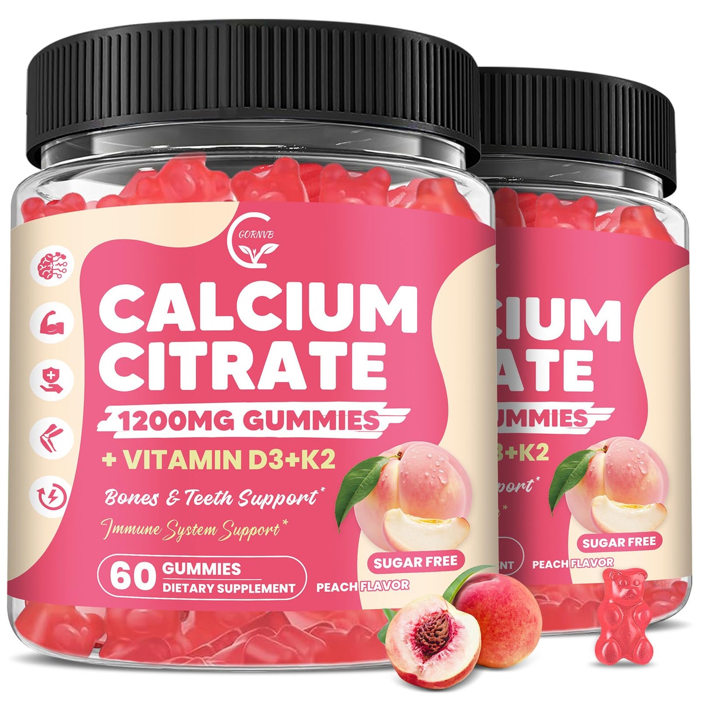 GORNVB Calcium Citrate Gummies 1200 mg with Vitamin D3, K2 for Bone, Muscle & Immune Support, High Absorption Chewable Calcium Supplements for Women & Men, Sugar Free, Vegan, Peach Flavor, 120 Chews