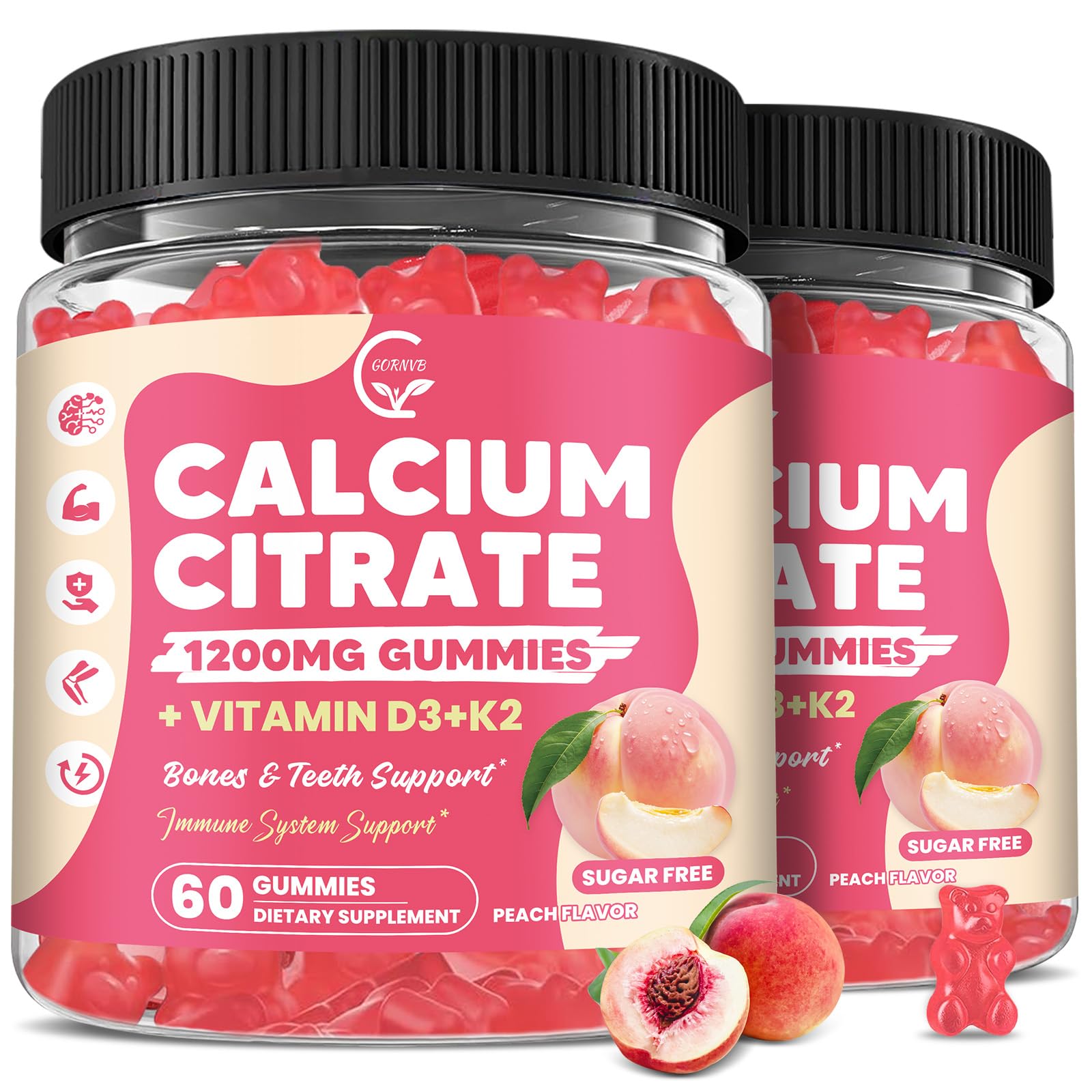 GORNVB Calcium Citrate Gummies 1200 mg with Vitamin D3, K2 for Bone, Muscle & Immune Support, High Absorption Chewable Calcium Supplements for Women & Men, Sugar Free, Vegan, Peach Flavor, 120 Chews