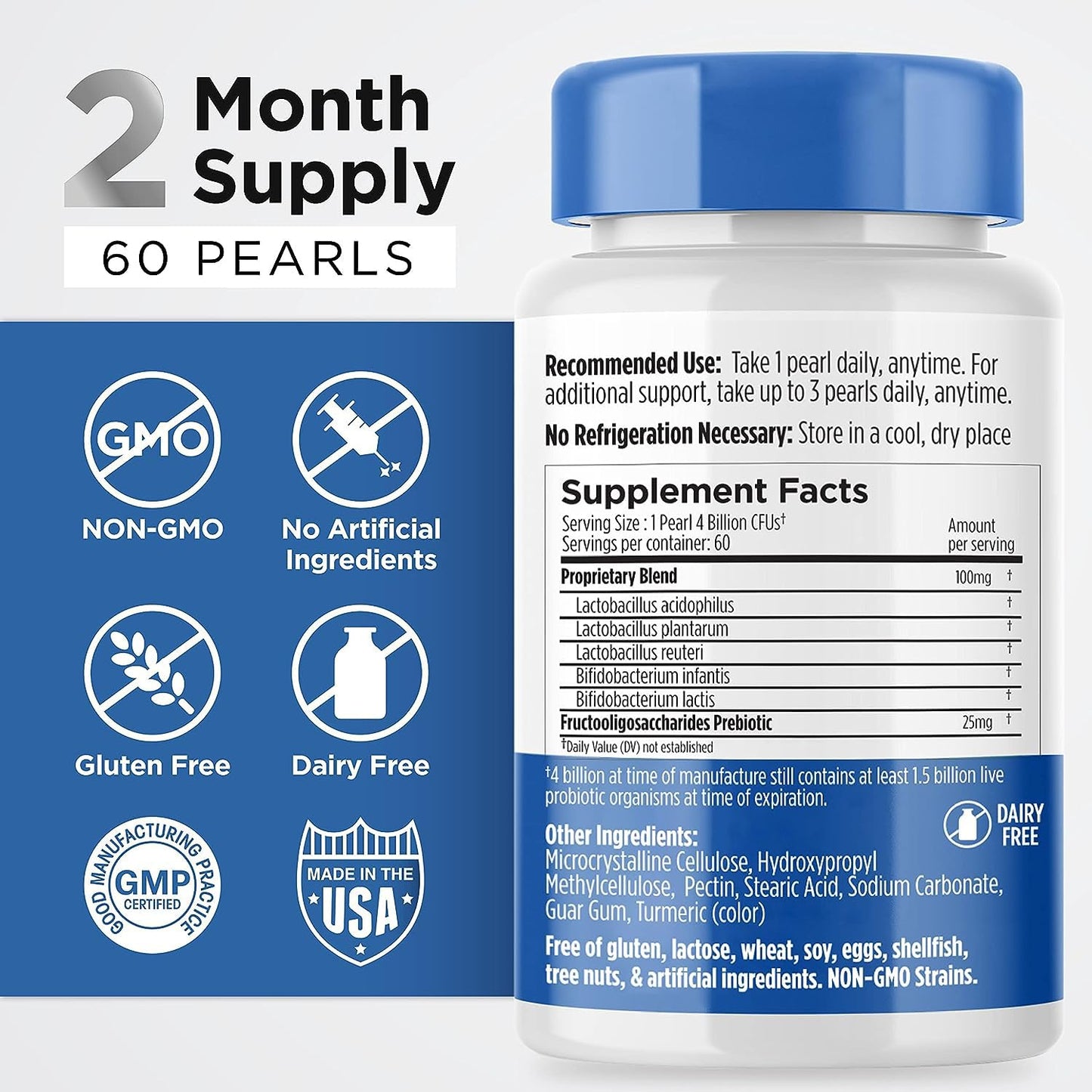 Earth's Pearl Probiotics for Women & Men & Kids Pearl-Shaped Probiotic & Prebiotics with BIO-Tract 4 Billion CFU Gut Health Support Tablet, 60 Count