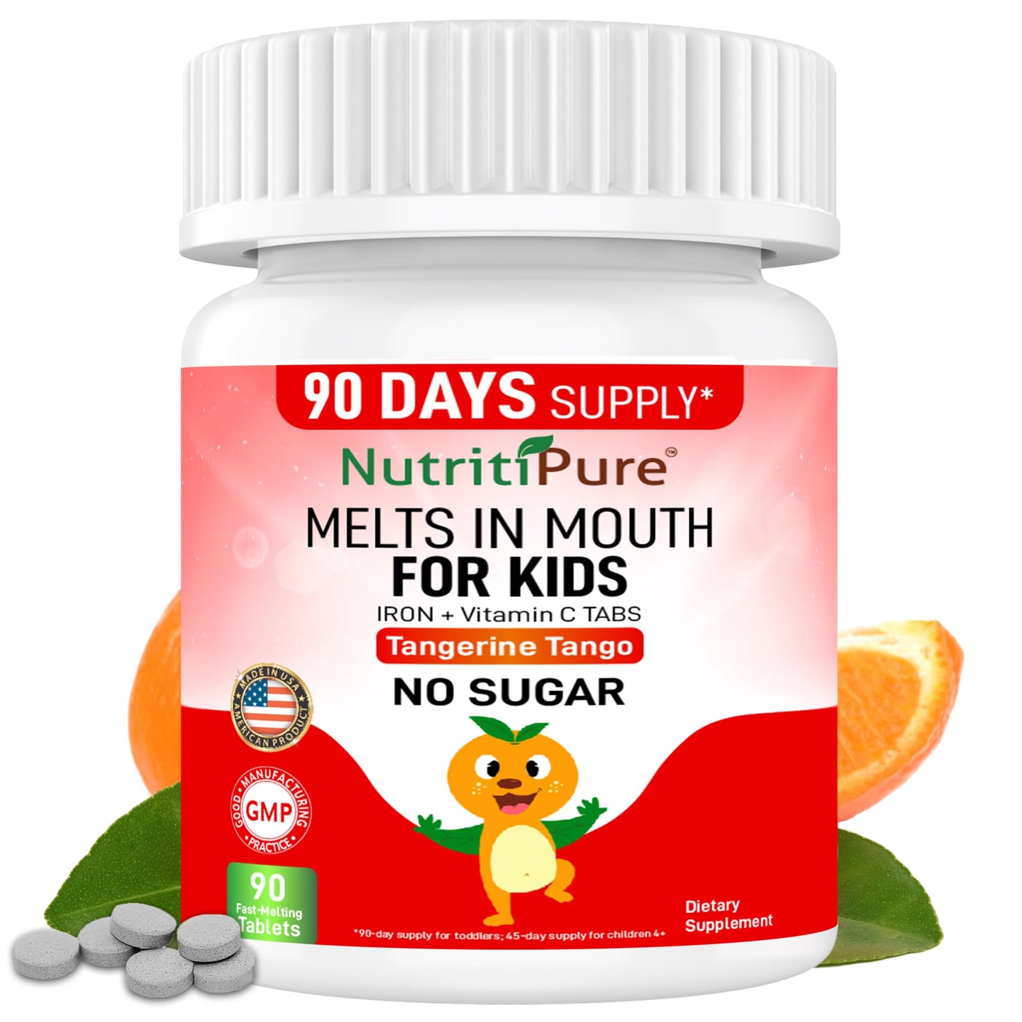 NutritiPure Kids & Toddler Chewable Iron 9mg with Vitamin C Orange Tablets, 90 Count
