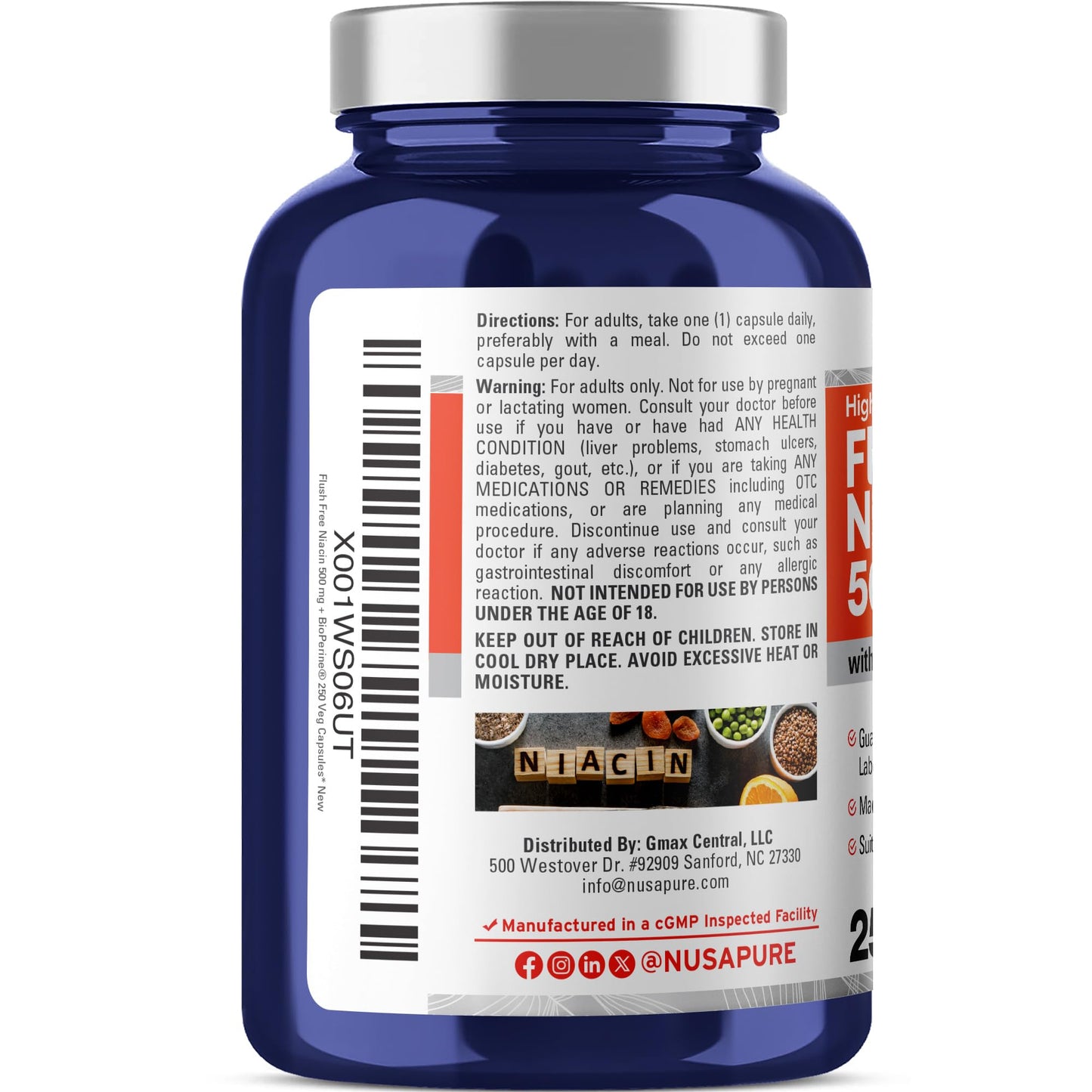 NusaPure Flush Free Niacin 500 mg Capsules, 250 Count