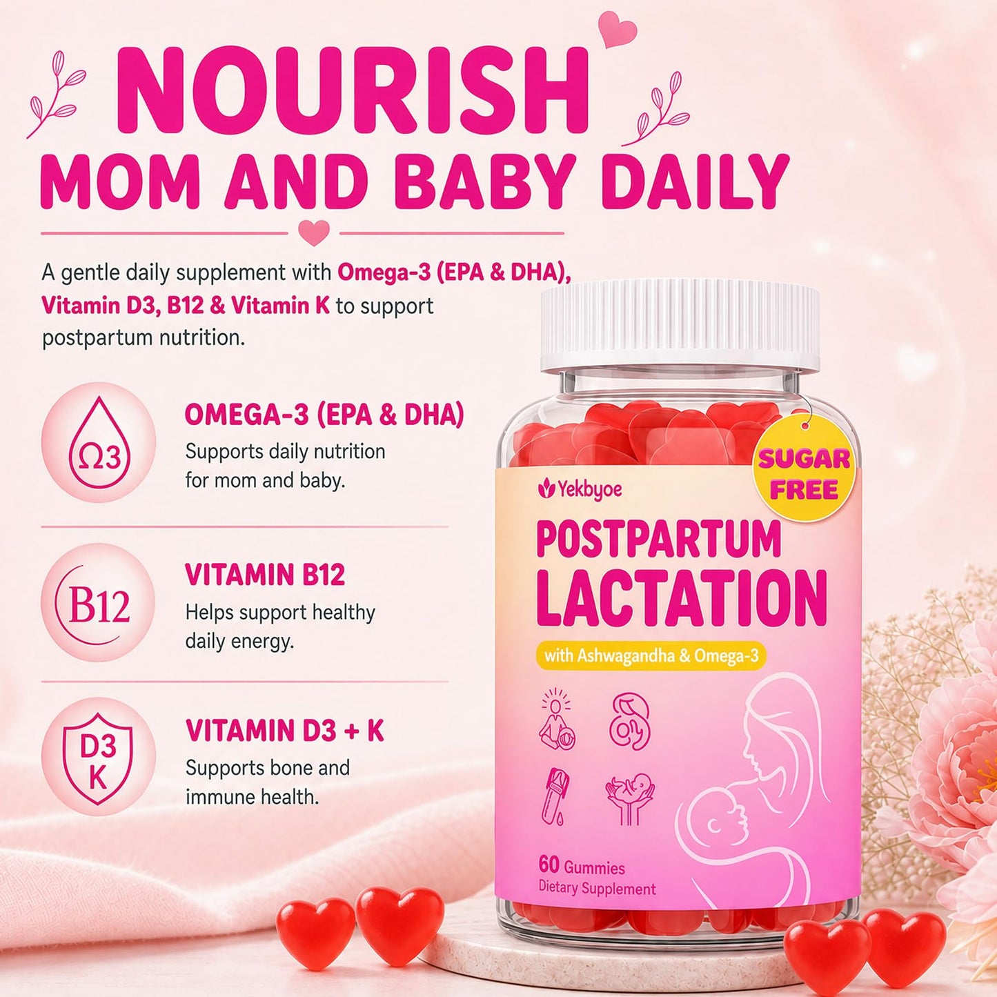 YEKBYOE Lactation Support Gummies with DHA, Moringa & Milk Thistle 60 Count