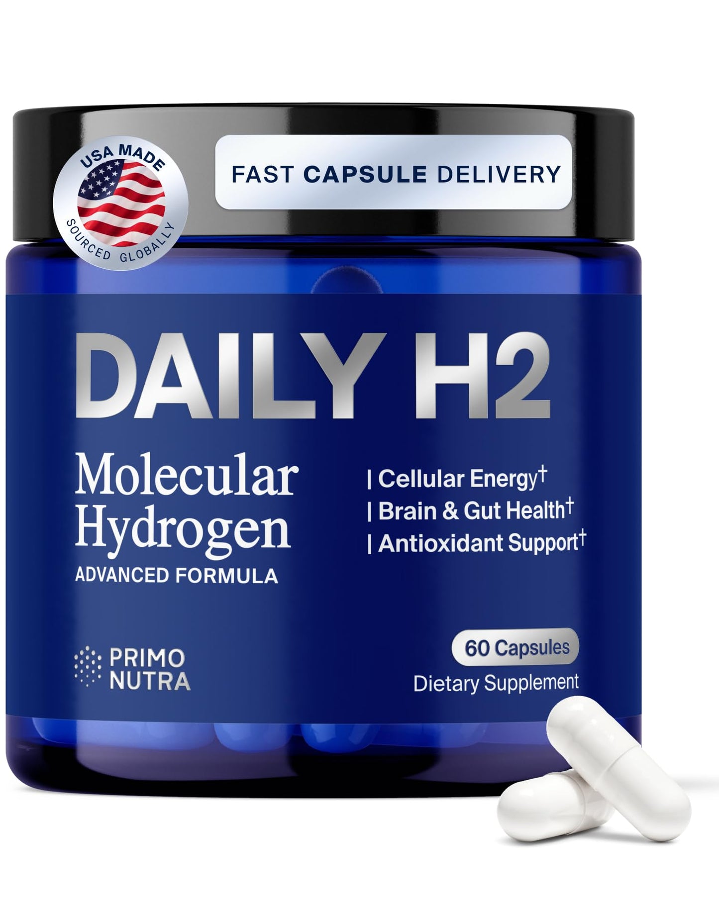PRIMONUTRA Hydrogen Water Capsules DailyH2 Molecular Hydrogen, 3mg H2 for Cellular Energy, Focus & Recovery, Brain, Gut & Mitochondrial Support, 60 Capsules